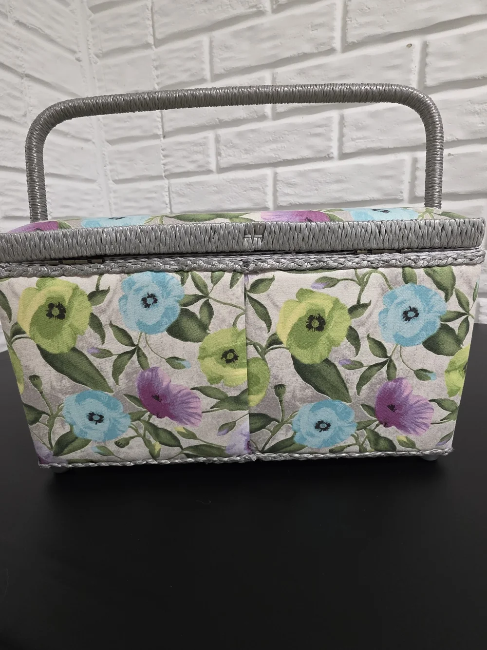 Floral Fabric Sewing Basket Rectangle Craft Organizer Box Gray Trim